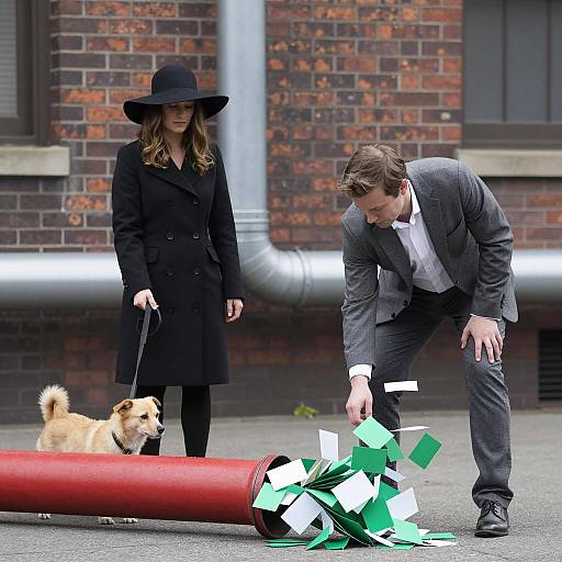 Man and woman with dog by bursting red pipe scattering paper
