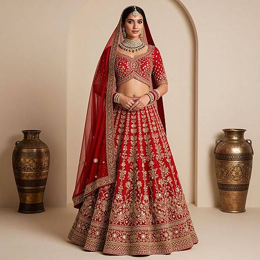 Elegant Woman in Red Bridal Lehenga