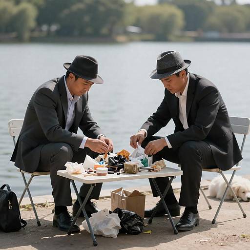 Men Sorting Trash by a Lakeside