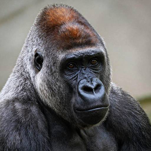 Photograph of a solemn gorilla with dark fur, reddish-brown head, and expressive black eyes, set against a blurred natural background.