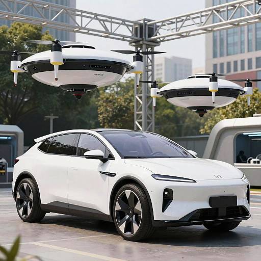 Futuristic Self-Driving Car with Drones