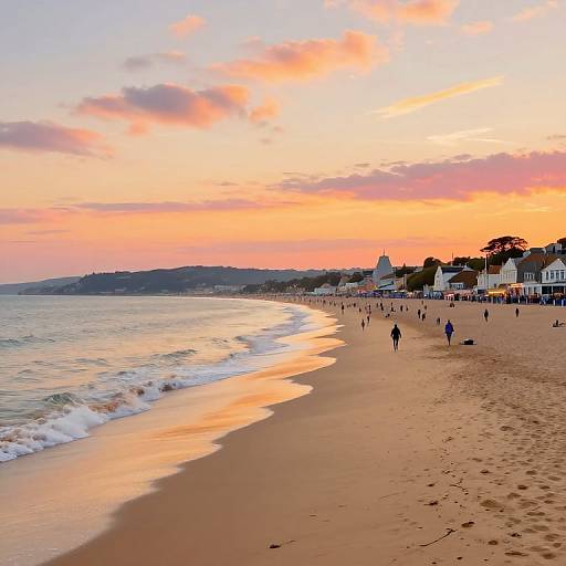 Photograph of a serene beach at sunset, with golden sand, gentle waves, scattered people, colorful sky, and coastal houses in the background.