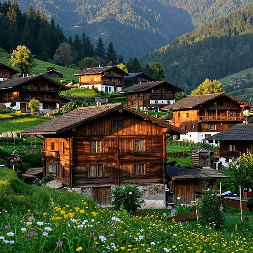 Photograph of a picturesque Alpine village with wooden chalets, lush green fields, colorful wildflowers, and mountainous forest background at sunset.
