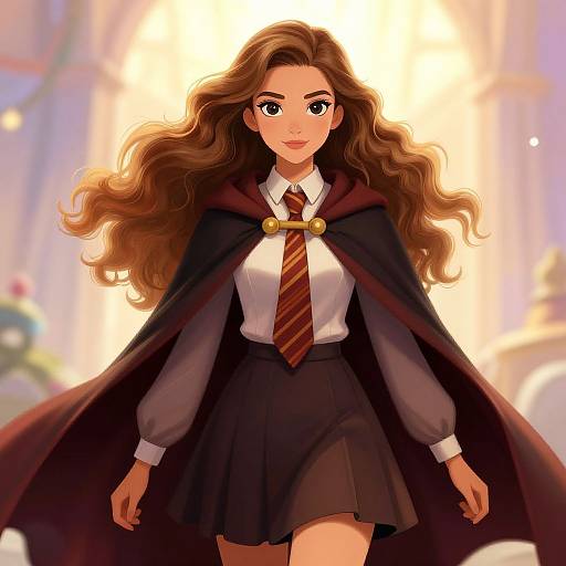 Digital anime-style illustration of a young woman with long wavy brown hair, wearing a black cape, white shirt, red-striped tie, and black skirt