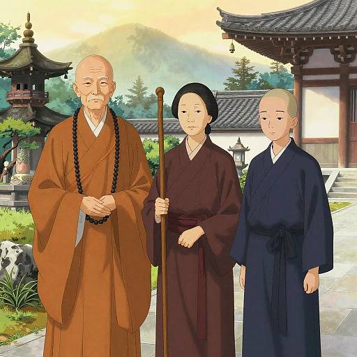 Digital anime-style drawing of an elderly bald man in brown robes with a bead necklace, holding a cane, flanked by a middle-aged woman in black