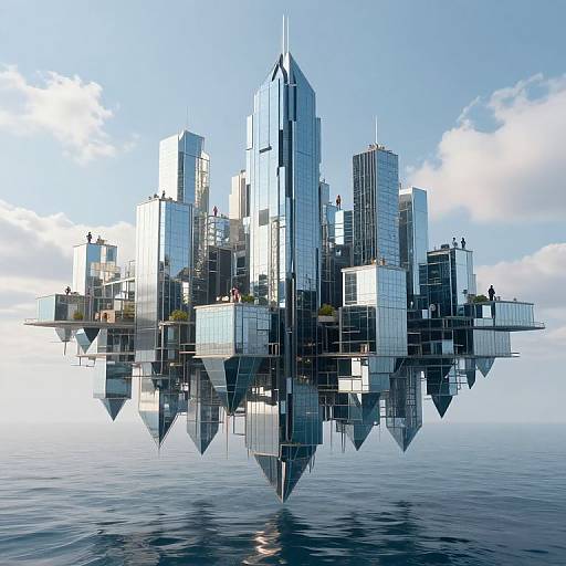 Digital artwork of a futuristic, floating cityscape composed of mirrored skyscrapers, reflecting in calm ocean water under a bright blue sky.
