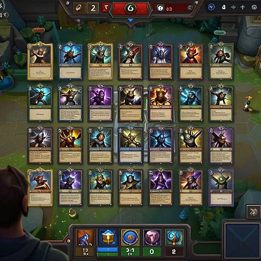 Digital card game interface displaying a 3x6 grid of colorful character cards with detailed illustrations and text, viewed from above by a player.