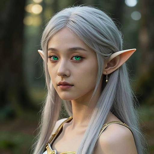Digital art of a young, elven woman with long silver hair, pointed ears, green eyes, wearing a gold top, in a forest.