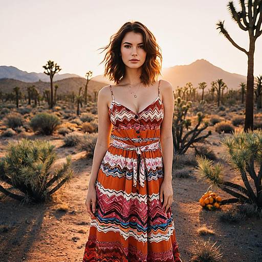 Woman in Colorful Sundress in Desert at Sunset