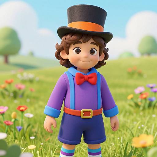CGI cartoon of a cute, curly-haired boy in a black top hat, purple shirt, blue shorts, red bowtie, and striped socks,