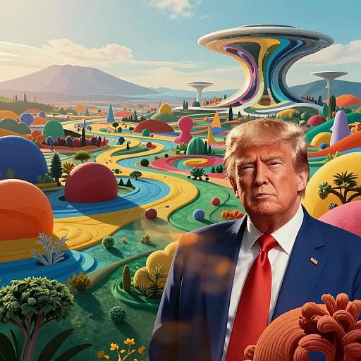 Photograph of Donald Trump in a blue suit and red tie, standing in a surreal, colorful landscape with floating, dome-shaped structures and vibrant, winding