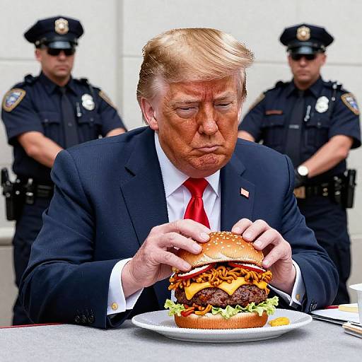 Man Eating Burger with Police Officers in Background