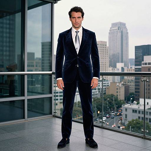 Photograph of a handsome, dark-haired man in a black suit and white shirt standing on a glass balcony overlooking a cityscape.