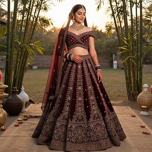 Photograph of a beautiful Indian woman in a dark maroon, gold-embroidered traditional lehenga, standing outdoors at sunset with bamboo and decorative