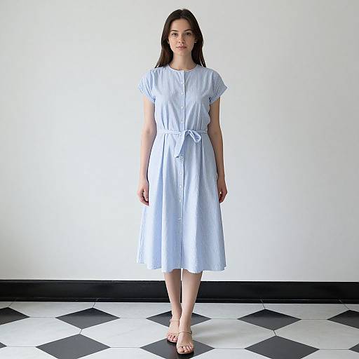 Photograph of a young woman with long dark hair, wearing a light blue, short-sleeved, knee-length dress, standing on black and white