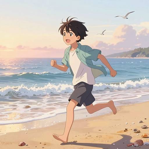 Anime-style digital drawing of a cheerful young boy with black hair, wearing a blue shirt and black shorts, running barefoot on a sunny beach with waves