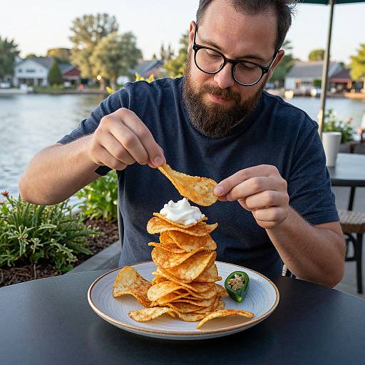 Bearded man with glasses eating stacked chips with sour cream from a plate outdoors, lake and houses in background. Photograph.