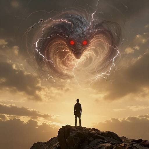 Silhouetted figure stands on rocky peak, facing ominous, glowing red-eyed storm cloud with swirling lightning above a sunset sky. Digital art.