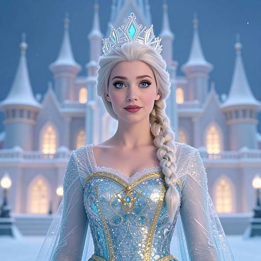 Digital CGI of Elsa from Frozen, wearing a sparkling blue and gold gown, silver tiara, and braid, standing in front of a glowing,