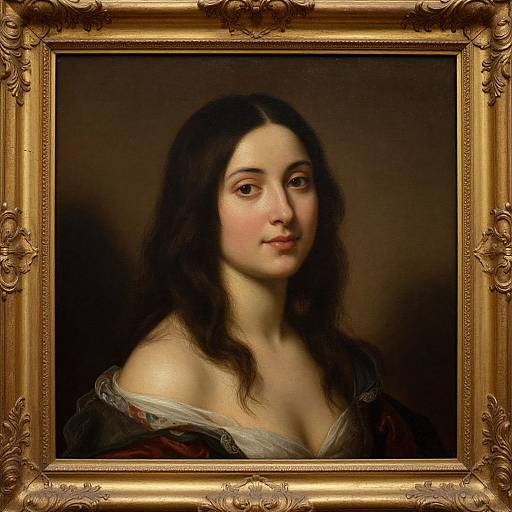 Baroque-style painting of a young woman with long, dark hair, fair skin, and a modest smile, framed in an ornate gold frame.
