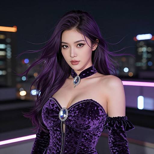 Digital artwork of an East Asian woman with long purple hair, wearing a velvet off-shoulder black dress with an emerald necklace, against a night