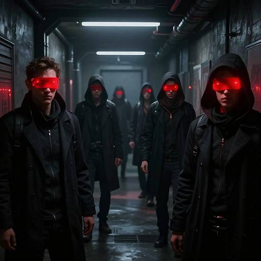 Photograph-style CGI: Dark, narrow hallway with six men in black hooded raincoats, glowing red eyes, marching in line; dim,