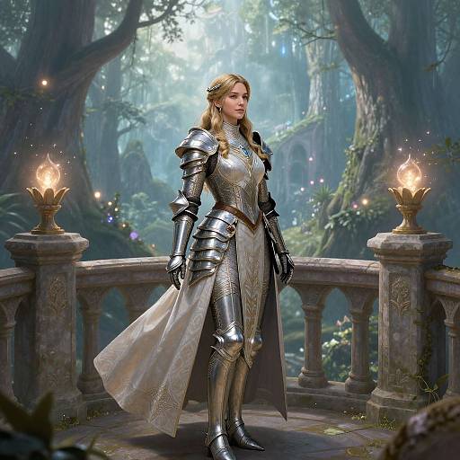 Digital art of a blonde, armored woman in silver plate armor and white dress, standing in a enchanted forest, surrounded by stone balustrades and glowing