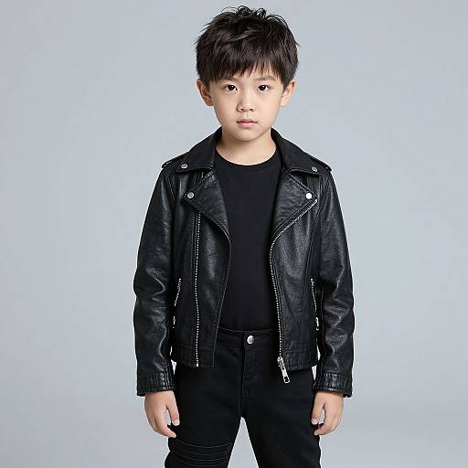 Photograph of an Asian boy with short black hair, wearing a black leather jacket, black shirt, and black pants, standing against a plain light blue