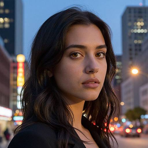 Photograph of a young woman with long, dark hair, light skin, and brown eyes, standing in a city street at dusk, with blurred lights
