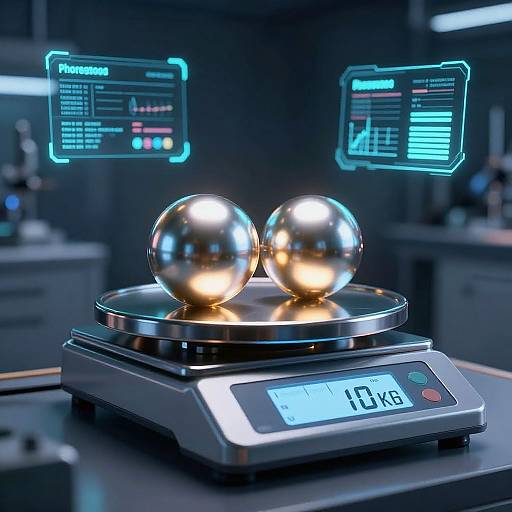 CGI image of two shiny silver spheres on a precision balance scale, with digital displays and floating blue neon screens.