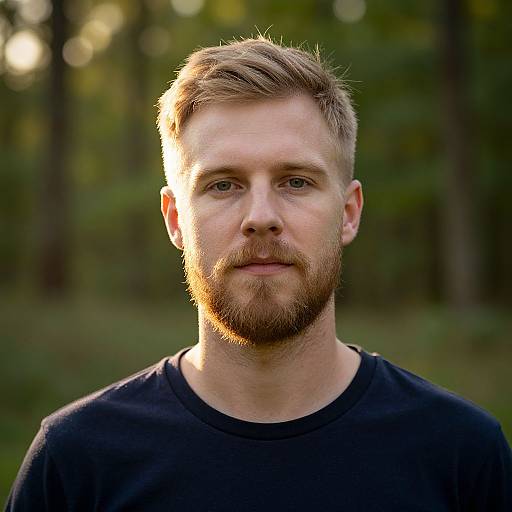 Photograph of a bearded, fair-skinned man with short, light brown hair, wearing a black shirt, illuminated by sunlight in a forest.