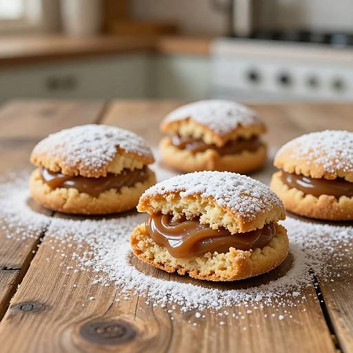 Photograph of four powdered sugar-covered, golden-brown, caramel-filled cookies on a rustic wooden table with a blurred kitchen background.