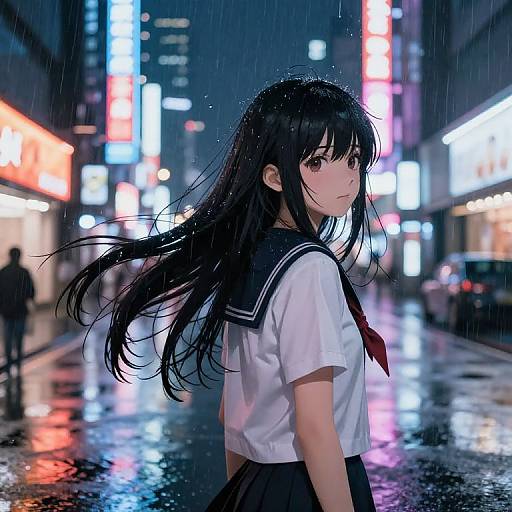 Anime-style digital drawing of a rainy night in a neon-lit city. A black-haired girl in a white school uniform stands alone, gazing sideways