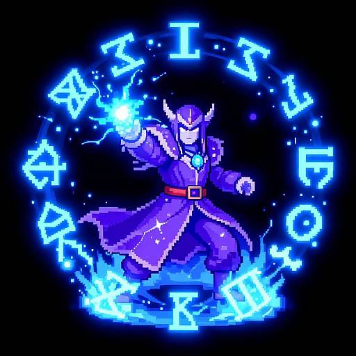 Pixel art of a blue-robed, horned mage casting magic, surrounded by glowing blue astrological symbols (zodiac) in a circular pattern.