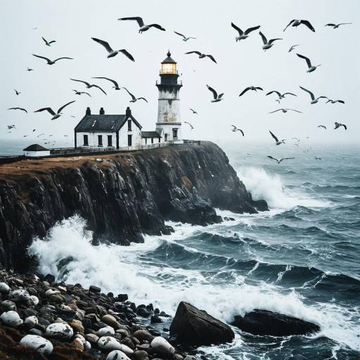 Lighthouse on Foggy Coastal Cliffs with Seagulls