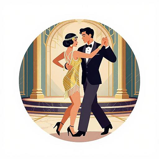 1920s Flapper Couple Dancing on Art Deco Stage