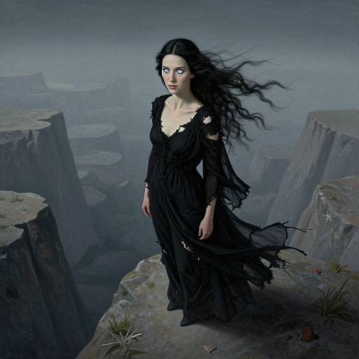 Digital fantasy artwork of a pale, black-haired woman in a tattered black dress standing on a cliff overlooking a misty, rocky landscape.