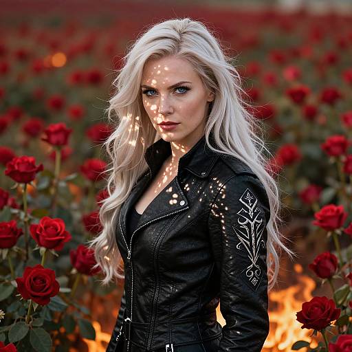 Photograph of a pale-skinned, platinum-blonde woman with intense blue eyes, wearing a black leather jacket with white floral embroidery, standing in