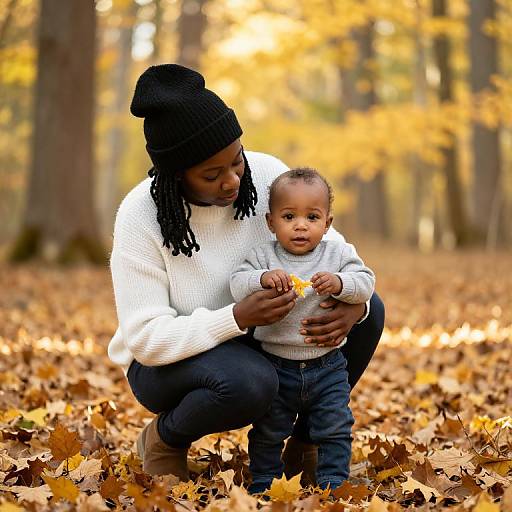 Photograph of an African-American woman with dreadlocks and a black beanie, crouching in a forest, holding a baby with a yellow d