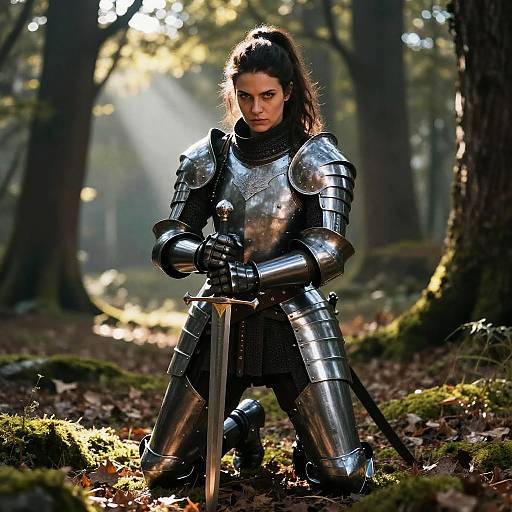 Photograph of a serious, dark-haired woman in shiny, medieval steel armor kneeling in a sunlit forest, gripping a sword with both hands.