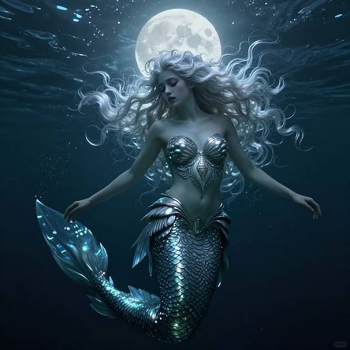 Digital artwork of a silver-scaled mermaid with flowing white hair, floating underwater beneath a glowing full moon, shimmering scales, and a detailed se