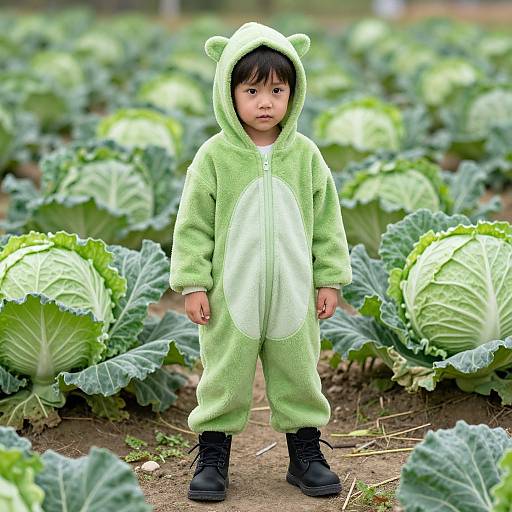 Photograph of an Asian toddler in a light green, hooded, bear-themed onesie standing in a lush cabbage field. He wears black boots.