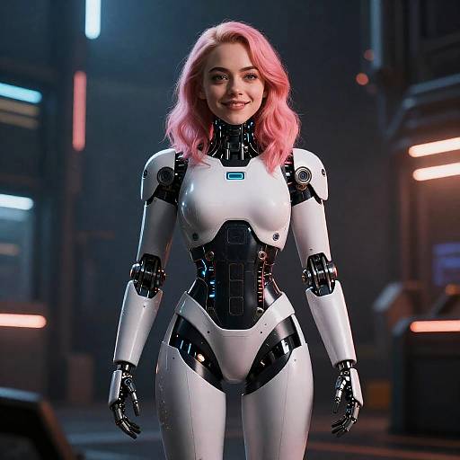 CGI image of a smiling, pink-haired woman in a white and black futuristic robot suit, standing in a dimly lit, tech-filled industrial background