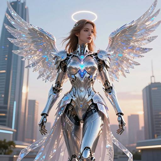 Digital art of a silver, winged, angelic woman with a halo, wearing a metallic bodysuit, standing in a futuristic cityscape at