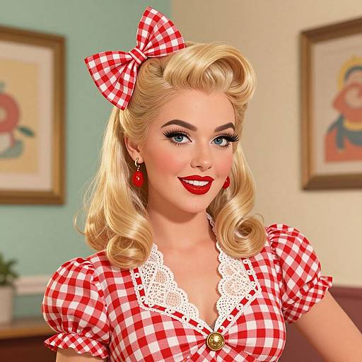 Digital illustration of a blonde, blue-eyed woman with red lipstick, wearing a red and white checkered bow, matching dress, and lace collar. Background