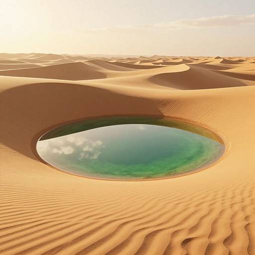 Photorealistic image of a circular, clear blue-green water hole in the center of rippled, golden desert sand dunes under a bright sky.