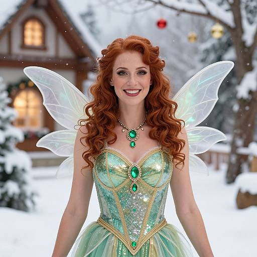 Photograph of a smiling red-haired woman with curly hair, wearing a green and gold fairy dress with translucent wings, green gem necklace, standing in a
