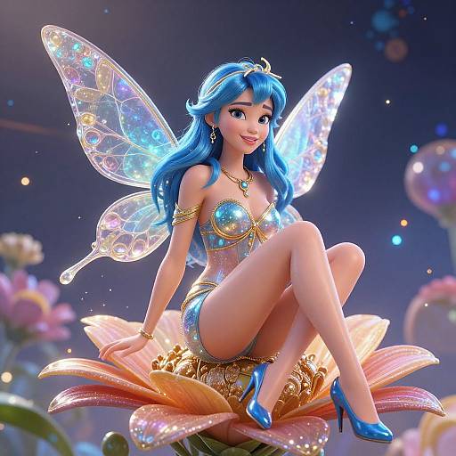 Digital art of a blue-haired fairy with iridescent wings, wearing a gold and blue strapless top, shorts, and blue heels, sitting on