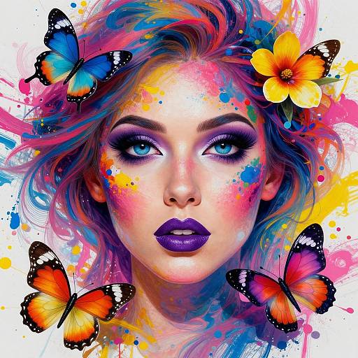 Digital artwork of a vibrant, colorful woman with purple lips, blue eyes, and multicolored hair, surrounded by bright butterflies and paint splatters.
