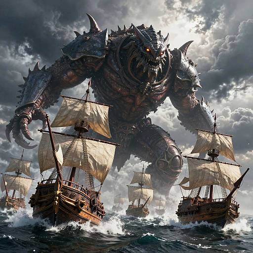 Photorealistic digital artwork: massive, muscular, scaly monster with glowing red eyes and sharp spikes, looming over stormy sea and four wooden sailing